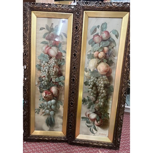 397 - PAIR OF T.CHELAZZI (1834-1892) STILL LIFE PRINT PANELS OF HANGING FRUIT IN ACANTHUS CARVED FRAMES 23... 