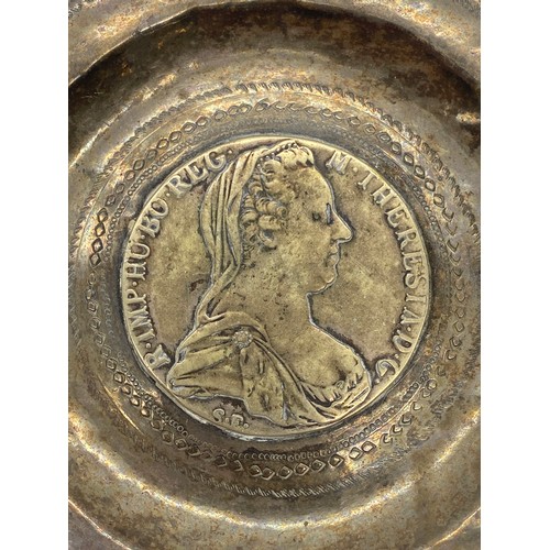 471 - UNMARKED WHITE METAL PIN DISH MOUNTED WITH A MARIA THERESA 1780 SILVER THALER COIN 1.9OZ