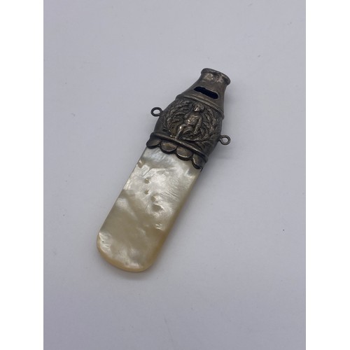 568 - MOTHER OF PEARL AND WHITE METAL BABY RATTLE/WHISTLE A/F, BIRMINGHAM SILVER POWDER COMPACT AND A BOXE... 