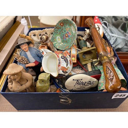 245 - BOX CONTAINING SOUVENIR WARES, A GLASS ETCHED DUCKLING PAPER WEIGHT, SPODE MILK JUG, AND DOUBLE SIDE... 