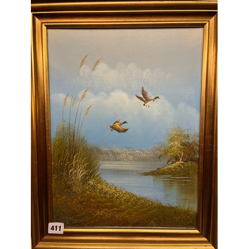 411 - OIL ON CANVAS OF DUCKS IN FLIGHT SIGNED HARTMENT