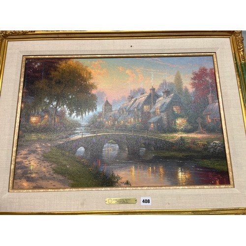 408 - THOMAS KINKADE PRINT OF COBBLESTONE BRIDGE, COBBLESTONE LANE IB, AND A SMALLER THOMAS KINKADE TRIPTI... 