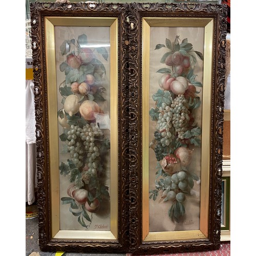 397 - PAIR OF T.CHELAZZI (1834-1892) STILL LIFE PRINT PANELS OF HANGING FRUIT IN ACANTHUS CARVED FRAMES 23... 