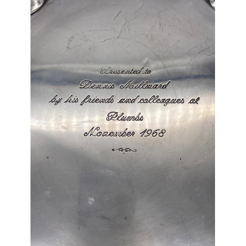 482 - BIRMINGHAM SILVER PRESENTATION TRAY WITH DECORATIVE BORDER 7.6OZ APPROX 21.5CM D