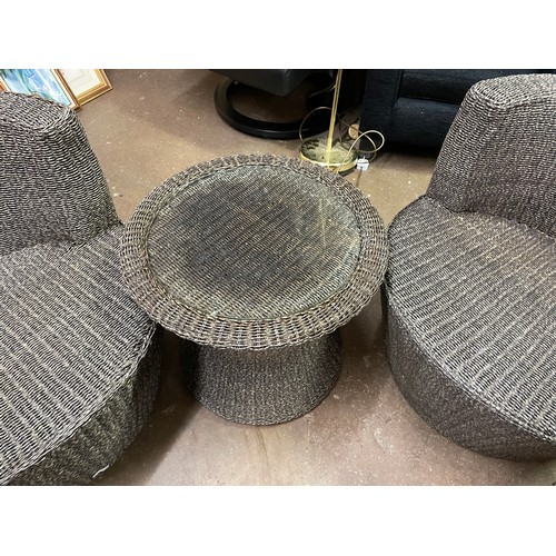 16 - PAIR OF PATIO RATTAN WEAVE TUB CHAIRS AND DRUM TABLE