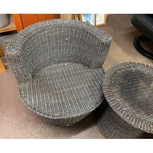 16 - PAIR OF PATIO RATTAN WEAVE TUB CHAIRS AND DRUM TABLE