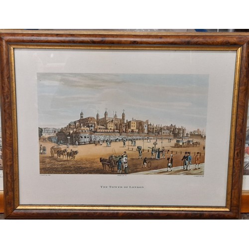 184 - PAIR OF EQUESTRIAN HUNT PRINTS AFTER RAWLINS AND A TINTED TOWER OF LONDON PRINT 20CM X 25CM (x2), 40... 