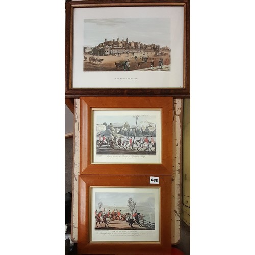 184 - PAIR OF EQUESTRIAN HUNT PRINTS AFTER RAWLINS AND A TINTED TOWER OF LONDON PRINT 20CM X 25CM (x2), 40... 