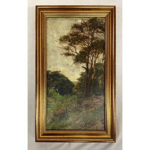 215 - OIL ON BOARD OF A FOREST PATH BY ALFRED JENKS