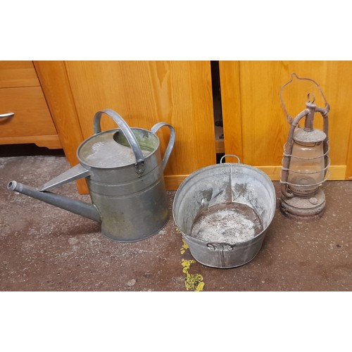 78 - HURRICANE LAMP, GALVANISED TUB AND WATERING CAN