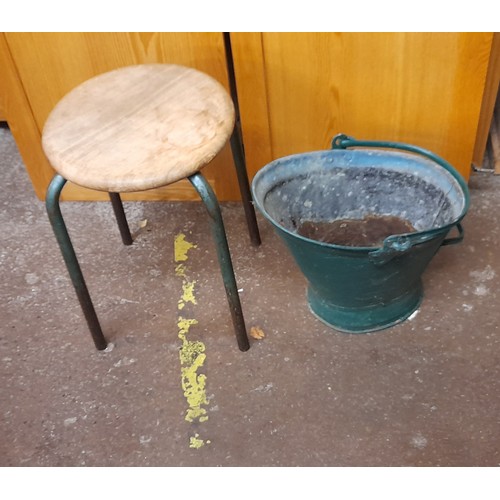 76 - CAST IRON TREADLE SEWING MACHINE FRAME, STOOL, AND ENAMEL PALE