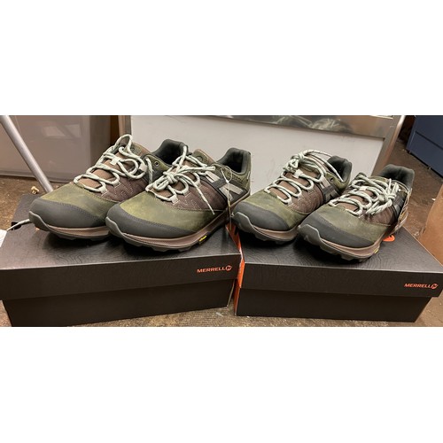 226 - BOXED PAIR OF MERRELL DARK OLIVE UK 9.5 AND UK 10.5 HIKING SHOES