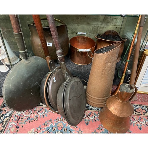 271 - TWO COPPER COAL HELMETS  AND METALWARES