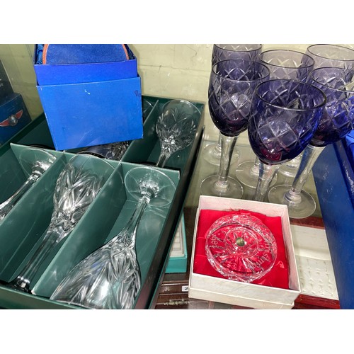 261 - SET OF SIX BLUE CUT GLASS GOBLETS, BOX SET OF SIX GLASSES, AND PAPER WEIGHT