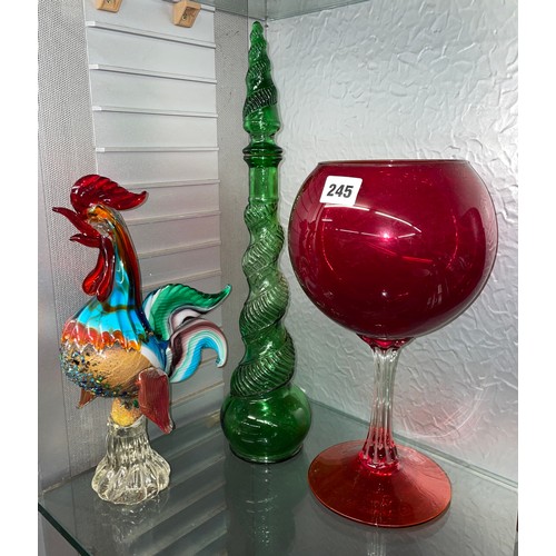 245 - MURANO COCKEREL, RUBY GLASS BRANDY BOWL AND A GENIE BOTTLE