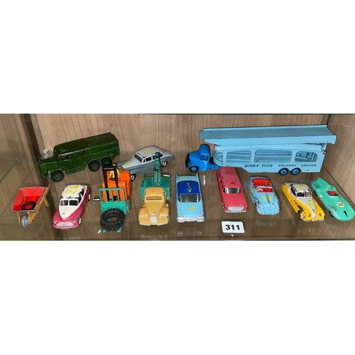 311 - SELECTION OF MAINLY DINKY PLAYWORN DIE CAST MODEL CAR TRANSPORTER, FORK LIFT TRUCK