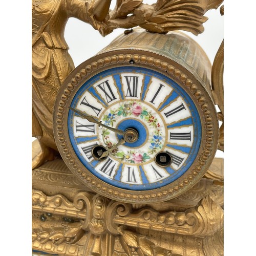 470 - 19TH CENTURY PAINTED SPELTER AND PORCELAIN PANELLED FRENCH DRUM MANTLE CLOCK A/F