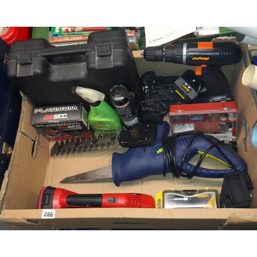 286 - CHALLENGE CORDELSS DRILL, EXCEL HEDGE TRIMMER, RATCHET SCREW DRIVER, ETC