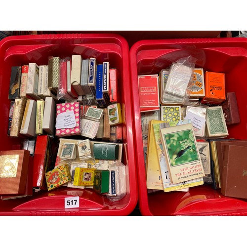 517 - TWO CRATES OF MIXED ASSORTED PLAYING CARD SETS INCLUDING MINIATURE SETS, SOME WITH BRANDS AND ADVERT... 