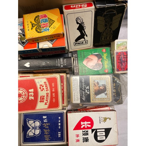 521 - CRATE OF DECKS OF PLAYING CARDS MAINLY CIGARETTE AND ALCOHOL ADVERTISING PLUS ASIAN AND ADULT PIN UP... 