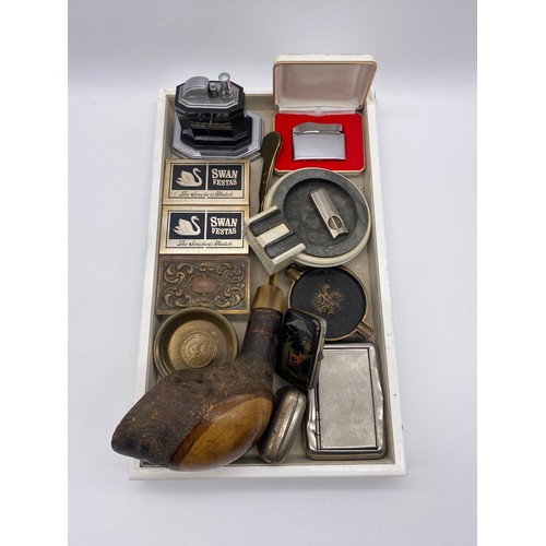 416A - TRAY CONTAINING BAKELITE R.M.S QUEEN MARY TWIN ASHTRAY, RONSON TOUCH-TIP LIGHTER, ASSORTED VESTA CAS... 