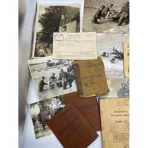 490 - BAG CONTAINING WWII SOLDIER SERVICE BOOK, RECORD OF SERVICE, PHOTOGRAPHS, NATOINAL SAVING CERTIFICTA... 