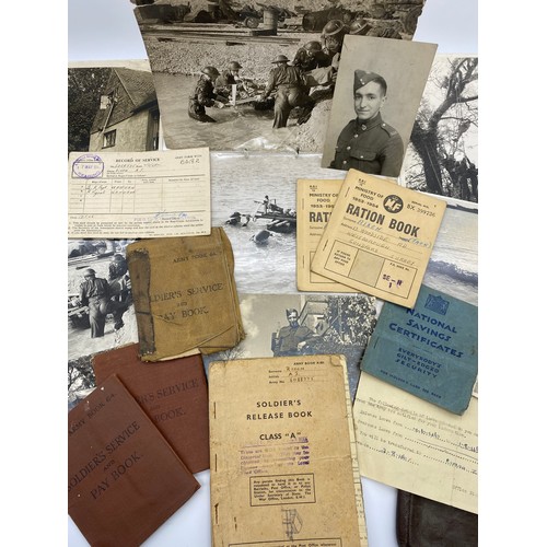 490 - BAG CONTAINING WWII SOLDIER SERVICE BOOK, RECORD OF SERVICE, PHOTOGRAPHS, NATOINAL SAVING CERTIFICTA... 