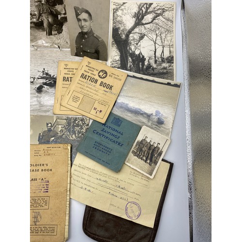 490 - BAG CONTAINING WWII SOLDIER SERVICE BOOK, RECORD OF SERVICE, PHOTOGRAPHS, NATOINAL SAVING CERTIFICTA... 