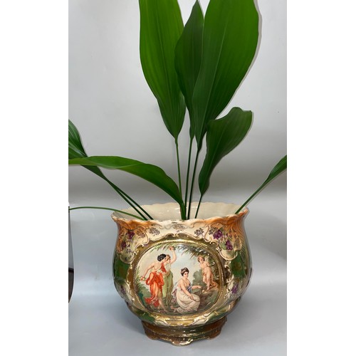 502 - VICTORIAN STAFFORDSHIRE POTTERY GILT AND OVAL PANEL JARDINIERE WITH ASPIDISTRA PLANT