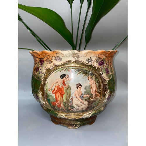 502 - VICTORIAN STAFFORDSHIRE POTTERY GILT AND OVAL PANEL JARDINIERE WITH ASPIDISTRA PLANT