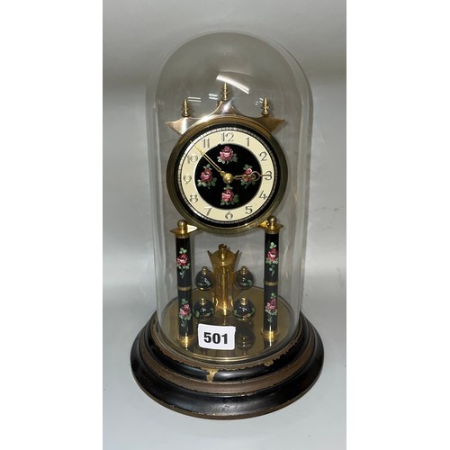 501 - BRASS AND ENAMEL ANNIVERSARY TYPE CLOCK UNDER DOME