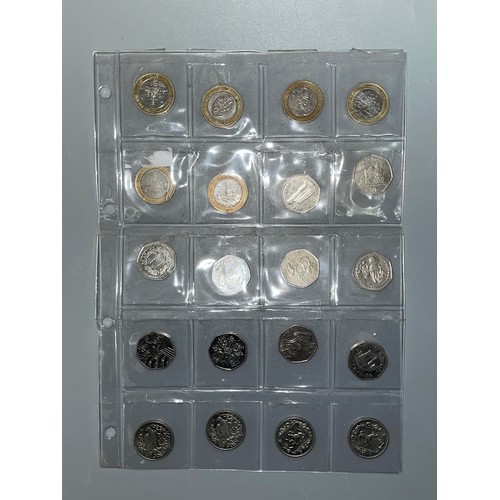 411 - PERSPEX SLEEVE OF 50 PENCE PIECES COMMEMORATIVE, AND TWO POUND COINS