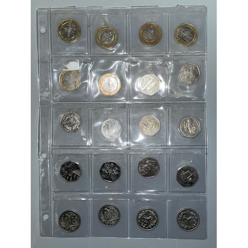 411 - PERSPEX SLEEVE OF 50 PENCE PIECES COMMEMORATIVE, AND TWO POUND COINS