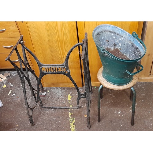 169 - CAST IRON TREADLE SEWING MACHINE FRAME, STOOL, AND ENAMEL PAIL