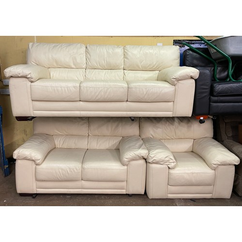 97 - CREAM LEATHER THREE SEATER, TWO SEATER AND ARMCHAIR