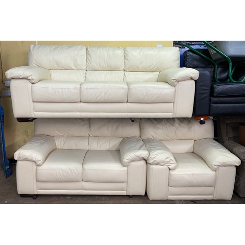 97 - CREAM LEATHER THREE SEATER, TWO SEATER AND ARMCHAIR