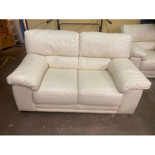 97 - CREAM LEATHER THREE SEATER, TWO SEATER AND ARMCHAIR