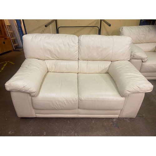 97 - CREAM LEATHER THREE SEATER, TWO SEATER AND ARMCHAIR