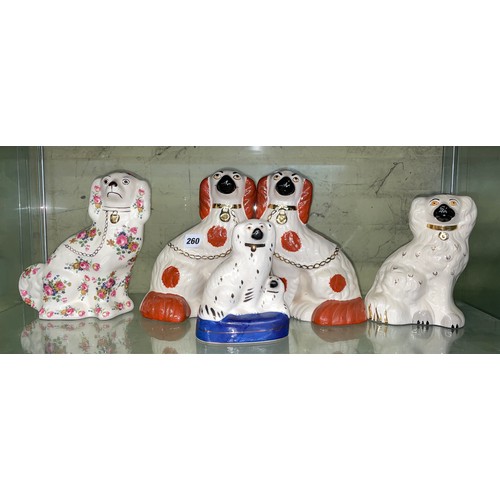 227 - PAIR OF STAFFORDSHIRE SPANIELS AND THREE OTHERS