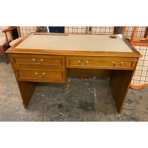 122 - OAK BEIGE GILT TOOLED LEATHER KNEEHOLE DESK