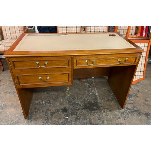 122 - OAK BEIGE GILT TOOLED LEATHER KNEEHOLE DESK