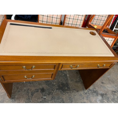 122 - OAK BEIGE GILT TOOLED LEATHER KNEEHOLE DESK