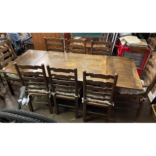 139 - SUPERB QUALITY CARVED DRAWER LEAF REFECTORY TABLE AND LANCASHIRE STYLE LADDER BACK CHAIRS