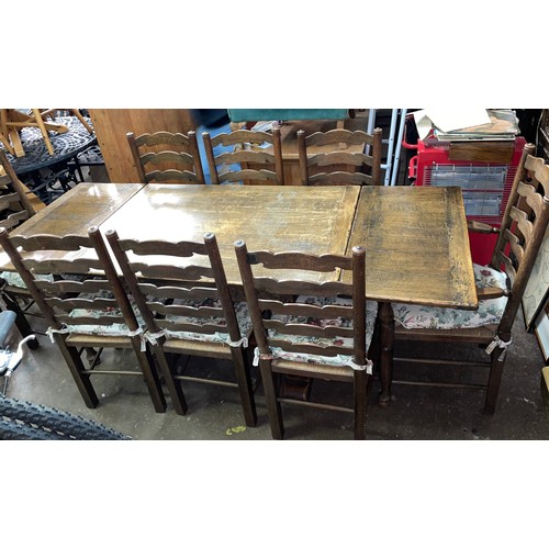 139 - SUPERB QUALITY CARVED DRAWER LEAF REFECTORY TABLE AND LANCASHIRE STYLE LADDER BACK CHAIRS