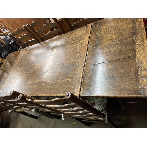 139 - SUPERB QUALITY CARVED DRAWER LEAF REFECTORY TABLE AND LANCASHIRE STYLE LADDER BACK CHAIRS