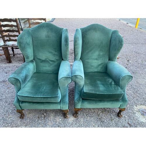 145 - PAIR OF GREEN DRALON HGH BACKED WING ARMCHAIRS