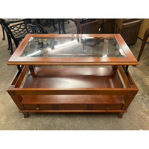 56 - CHERRY WOOD GLASS INSET COFFEE TABLE WITH DRAWER UNDERTIER