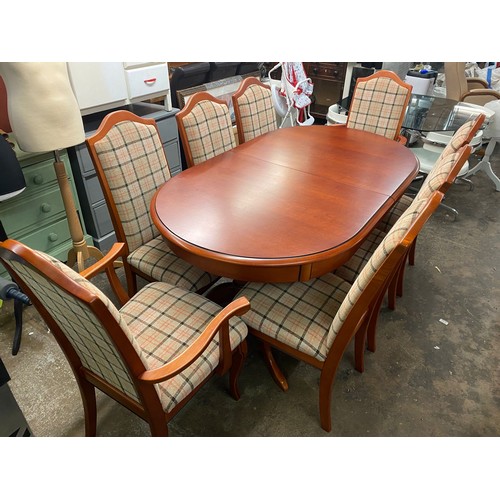 82 - CHERRY WOOD D END EXTENDING DINING TABLE AND EIGHT UPHOLSTERED DINING CHAIRS