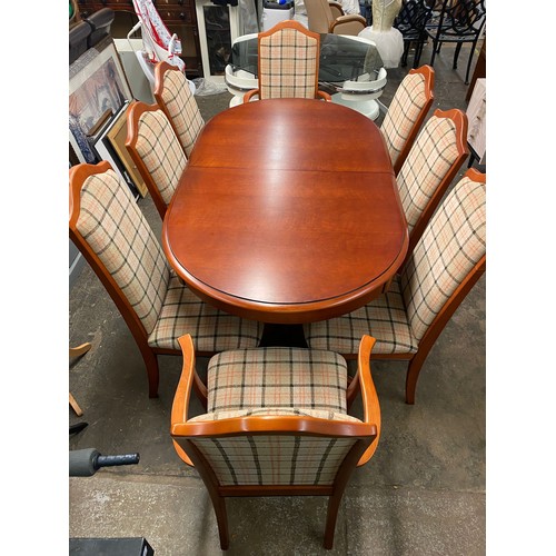 82 - CHERRY WOOD D END EXTENDING DINING TABLE AND EIGHT UPHOLSTERED DINING CHAIRS