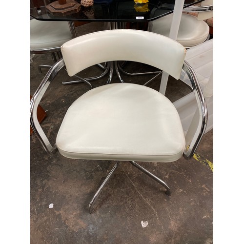 83 - 1970S HABITAT STYLE SMOKE GLASS OCTAGONAL TOPPED TABLE AND FOUR TUB SWIVEL CHAIRS